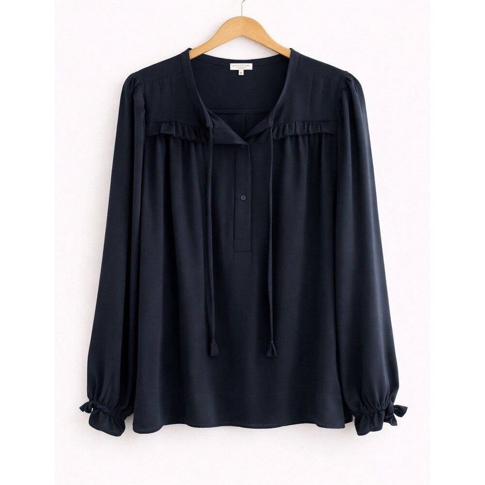 Joie XXL Navy Ruffle Tie Split Neck Tie Sleeve Long Sleeve Blouse